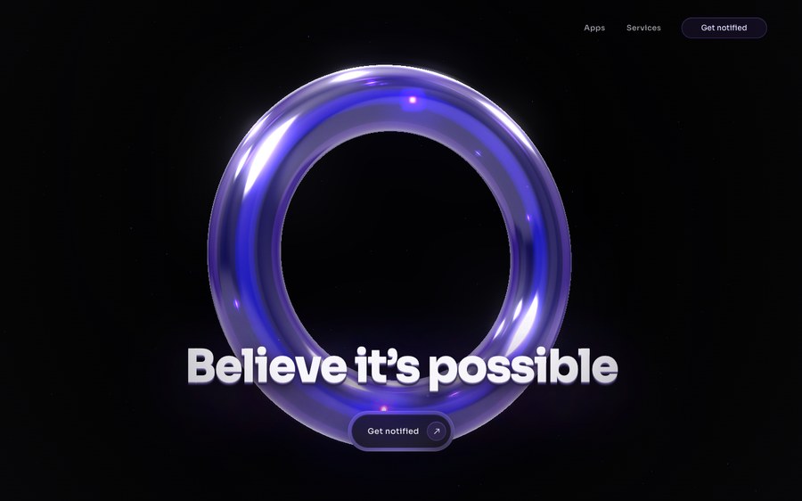 optastack.ai homepage: a chrome ring over the words Believe it’s possible, with Apps and Services in the nav
