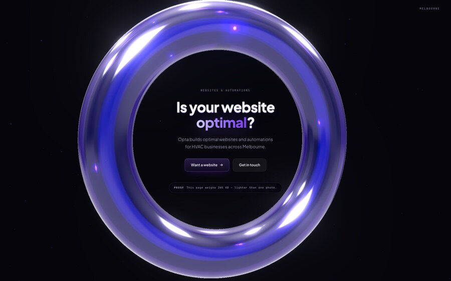 opta.au homepage: a glossy purple ring on black, the headline Is your website optimal? centred inside it, over the line Opta builds optimal websites and automations for HVAC businesses across Melbourne